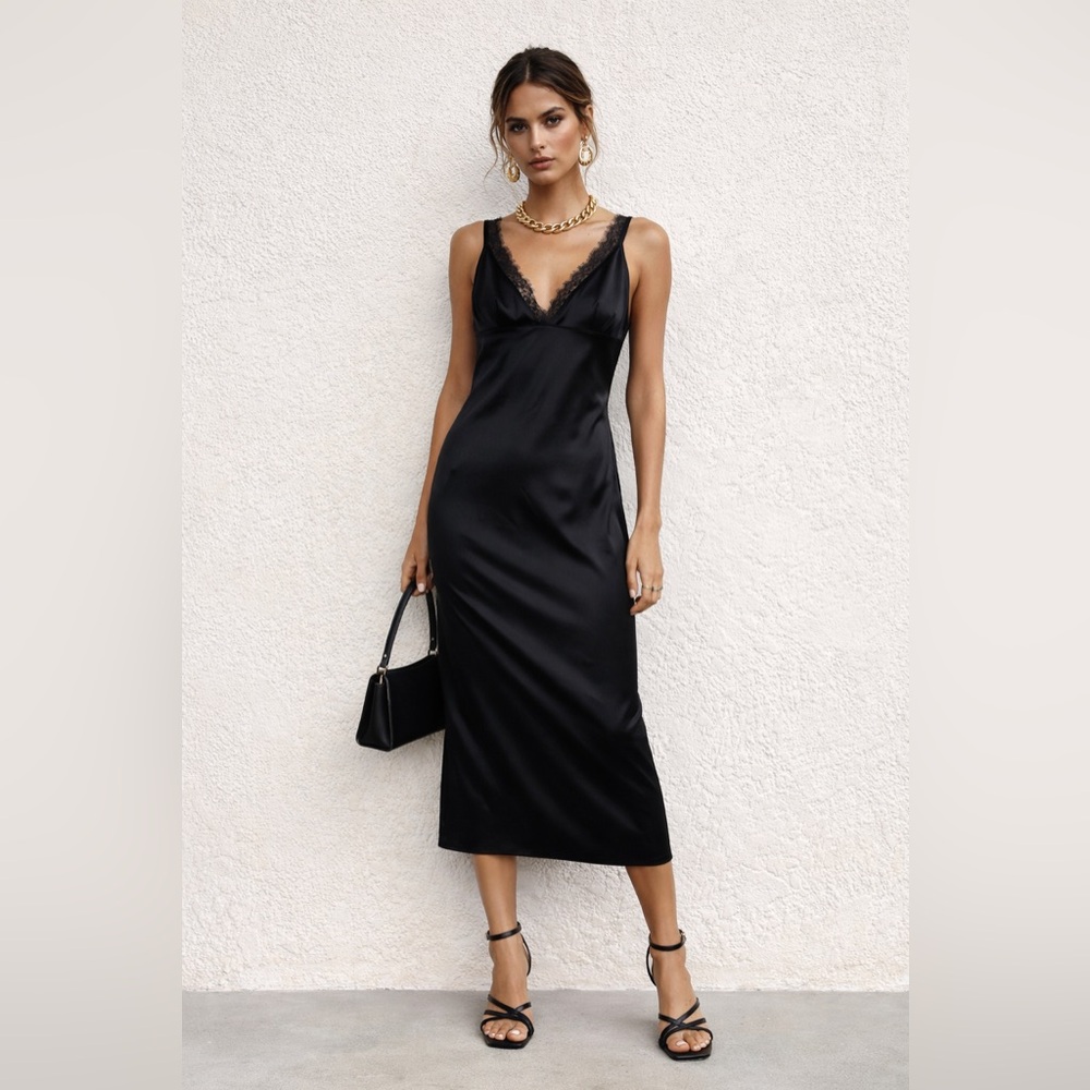 Zara Black Satin Slip Dress | Lace Trim Midi | Size L- NWT